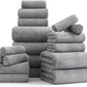 18 Pcs Gray Woven Family Towels Set-6 Bath Sheets,6 Hand Towels,6 Washcloths Soft Microfiber Towels Absorbent Shower Towel Quick Dry Beach Chair Towel Lint Less Towels Set for Bathroom Spa Gym Hotel