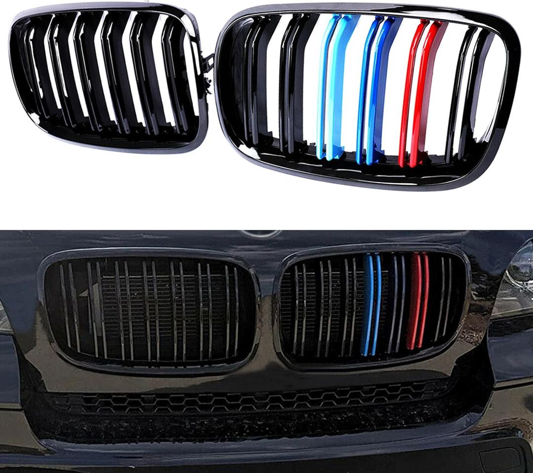 Grille M Color Double Slats Gloss Black Grill Compatible with 2007 2008 2009 2010 2011 2012 2013 E70 E71 X5 X6 ABS Front Kidney Grill, 2-pc Set