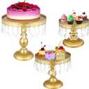 3 Pcs Gold Cake Stand, Metal Cupake Stand with Crystal Bling Pendants, Round Cupcake Holders for Dessert Table, Dessert Serving Trays for Wedding, Party, 7.9", 9.8", 11.8"