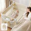 4 in 1 Baby Bassinet, Portable Bedside Crib Sleeper, Quickly Assembled Crib with Diaper Changer, Foldable Baby Playard with Mattress and Wheels for Newborn to Toddler, Beige