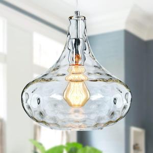 Farmhouse Vintage Glass Pendant Light with Handblown Hammered Shade - Adjustable Hanging Cord for Kitchen Island, Dining Room, Hallway - 11 Inch Chrome Ceiling Fixture