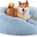 Bedsure Calming Dog Bed for Medium Dogs - Donut Washable Medium Pet Bed, Anti-Slip Round Fluffy Plush Faux Fur Cat Bed, Fits up to 45 lbs Pets, Blue, 30 inches