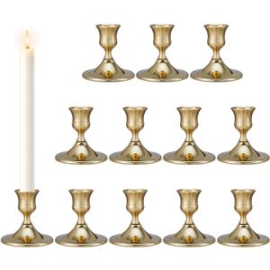 Taper Candle Stick Holder, 12PCS Brass Gold Candle Holders for Candlesticks, Vintage Metal Candlestick Holders for Dinner Room Table Centerpiece or Mantel Wedding Party Decor (12, Gold)