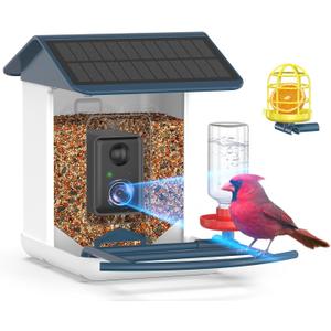 Bird Feeder with Camera-2K HD & Full Color Night Vision, Free AI Forever for 1,1000+ Species Identification, Solar Powered Wireless Outdoor, Includes 64GB TF Card, Two-Way Audio, App Alerts (Deep Blue)