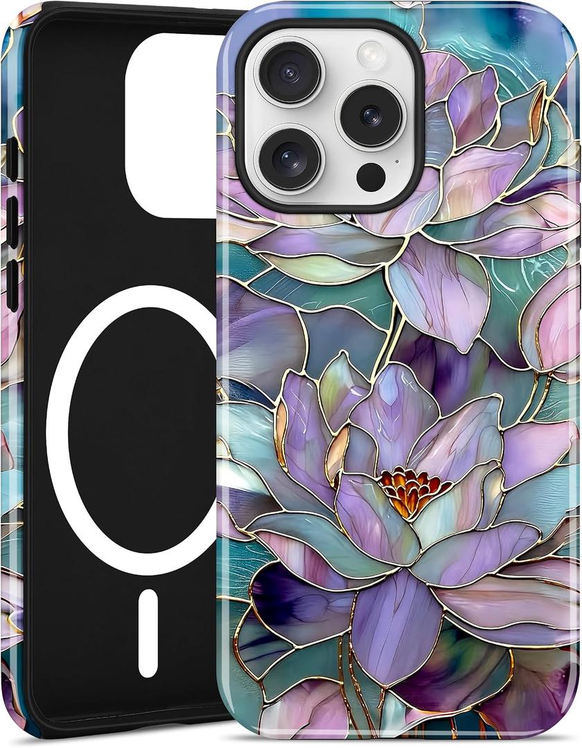 Compatible with MagSafe Flower Phone Case for iPhone 13 Pro, Cute Magnetic Stained Glass Floral Aesthetic Soft Shockproof Protective Phone Cover for Women Girls-Purple Water Lily