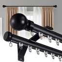 Double Curtain Rods for Windows, Heavy Duty Dual Rod Wall Mount Track Slilent Aluminum Alloy Brackets with Decorative Round Finials Rail for Bedroom/Living Room/Window/Hotel (Black,1m（3.3ft）)