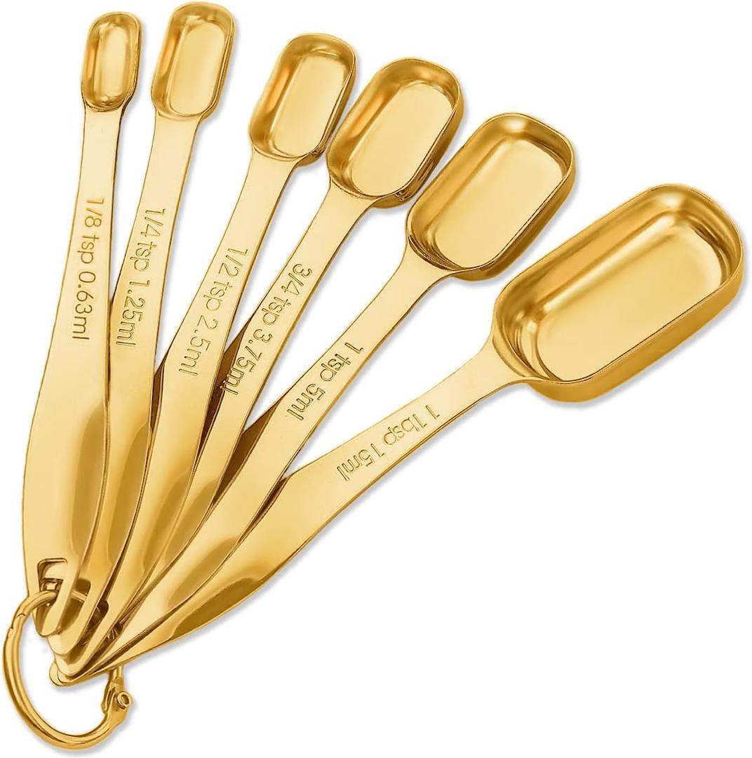 Gold Measuring Spoons Stainless Steel Narrow Measuring Spoons Set Heavy Duty Metal Measure Spoons Teaspoon Tablespoon for Dry Liquid Fits in Spice Jar