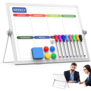 Weekly Dry Erase White Board, 16X12IN Magnetic Desktop Whiteboard Calendar with Stand, 8 Markers, 4 Magnets, 1 Eraser, Portable Double-Sided White Board Easel for Kids Memo to Do List Desk