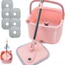 Spin Mop and Bucket Set with Self Separation Dirty and Clean Water System Self Wringing 360 Rotating Clean Mop-Head for Hardwood Tile Marble Floors- (Pink) (6pads)