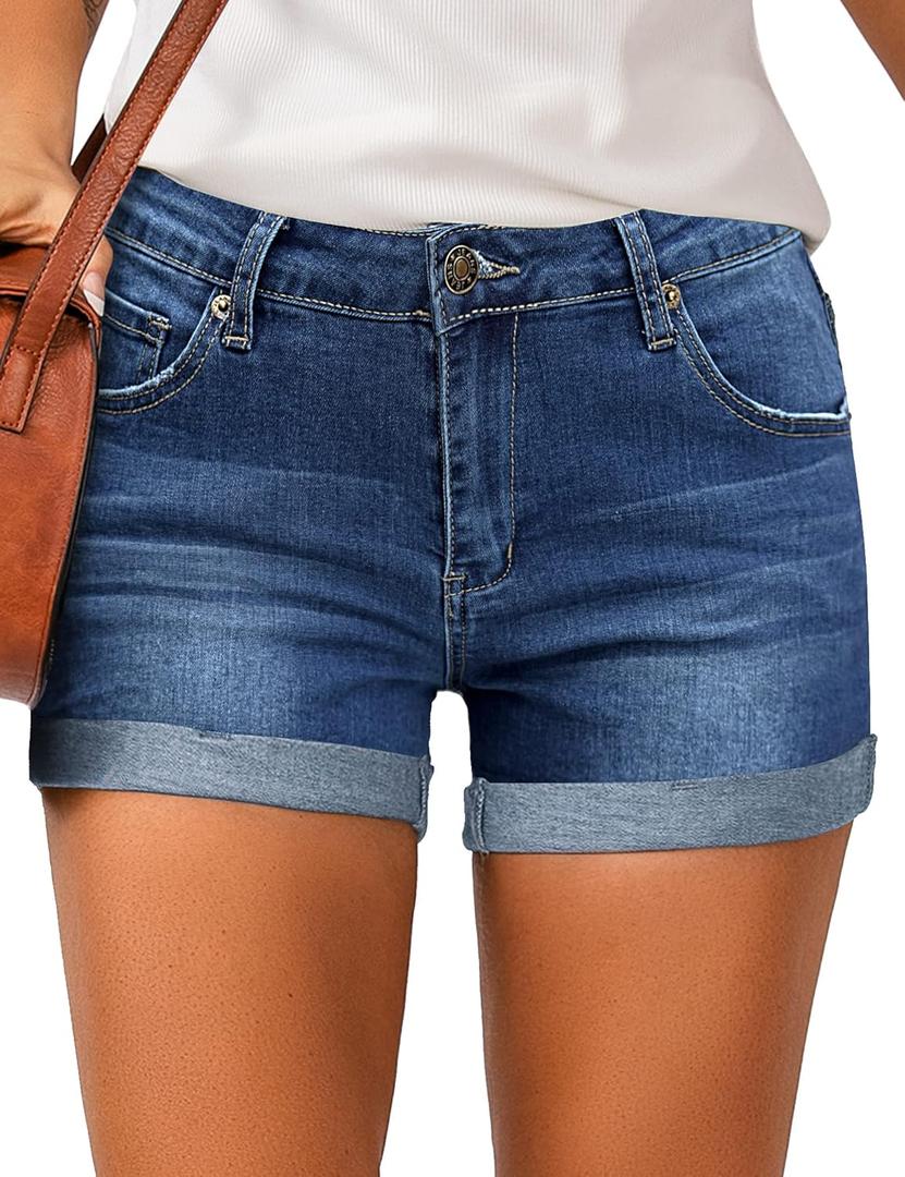 LookbookStore Women's High Waisted Rolled Hem Distressed Jeans Ripped Denim Shorts (X-Large, True Blue)