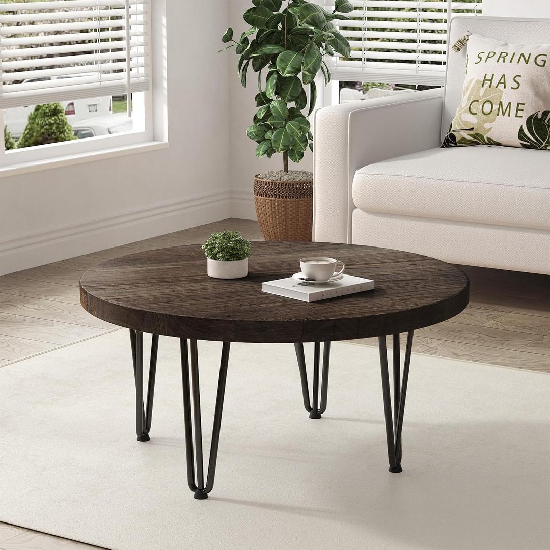 FLYJOE Rustic Wood Round Coffee Table with Metal Legs, Solid Elm Wood Top and Non-Slip Feet Pads - Farmhouse Style for Living Room, Walnut, Round, 27.5-inch diameter x 16-inch height