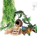 HERCOCCI Crested Gecko Tank Accessories, Reptile Hanging Plants Vines with Coconut Shell Ladder Hideout Hermit Crab Decor for Lizard, Chameleon Cage, Snakes, Hermit Crab, Leopard Gecko