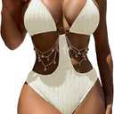 OYOANGLE Women's Ring Linked Cut Out One Piece Swimsuits Textured Tie Backless Halter Bathing Suit Monokini, Size M Beige