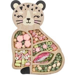 Stephen Joseph, Jewelry Making Kit for Girls Ages 3–8, Wooden Beads, DIY Bracelet Necklace Kit, Friendship Bracelet Gift, Arts & Crafts, 125 Beads, Toddler Gift with Reusable Storage Tray, Leopard