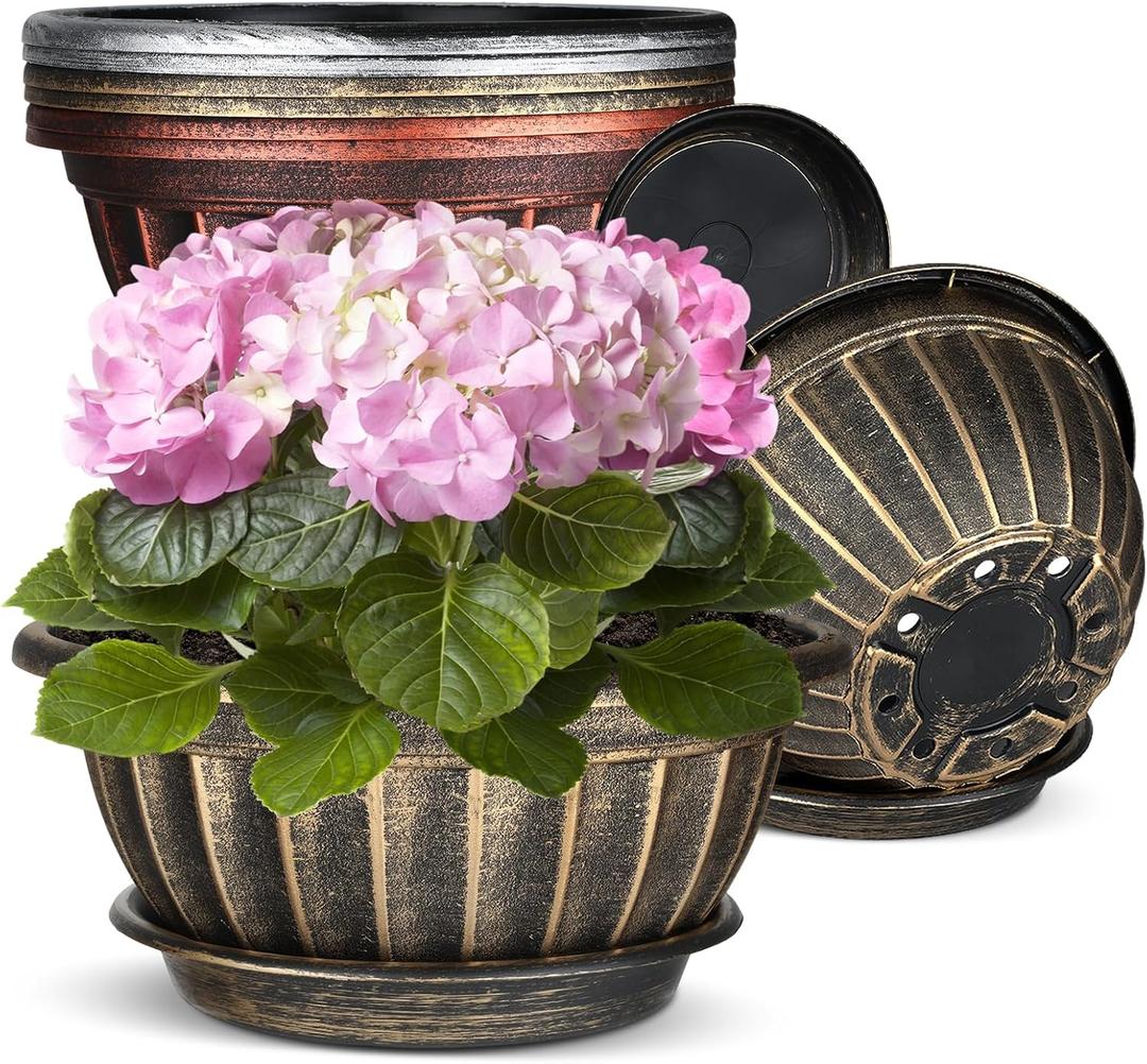 NIKONIKO 12 Inch Plant Pots, 6-Pack Plastic Wide Ribbed Planters with Drain Holes & Trays, Fluted Design Flower Pots for Indoor and Outdoor Plants, 12.6 inches