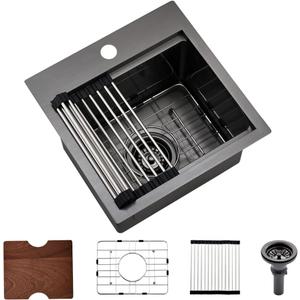 15 Inch Black Bar Sink Drop In Workstation-Bokaiya 15x15 Rv Drop In Kitchen Bar Sink 16 Gauge Black Stainless Steel Single Bowl Small Kitchen Sinks with Cutting Board