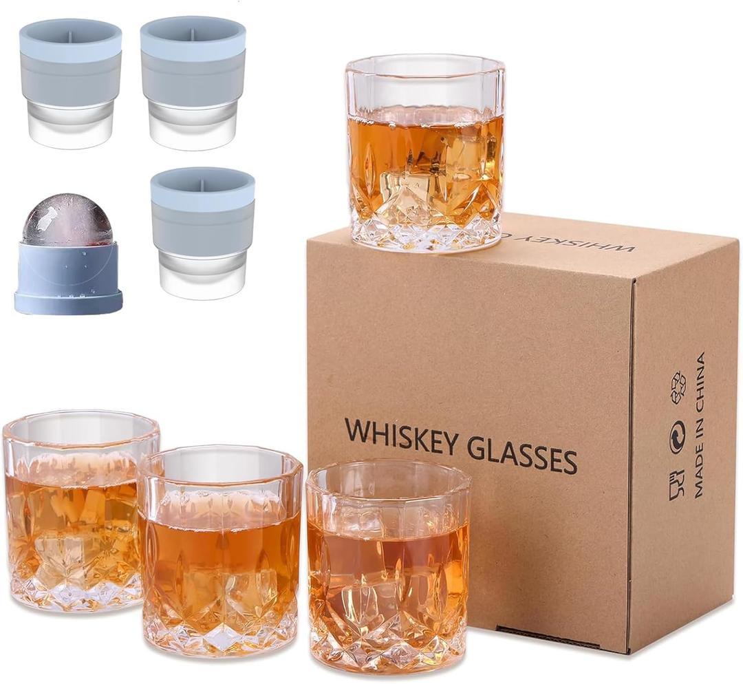 Premium Whiskey Glasses 8-Piece Set (4 Old-Fashioned Glasses & 4 Ice Sphere Molds) - 11.1 oz Crystal Rocks Glasses for Scotch, Bourbon, Cocktails & Spirits