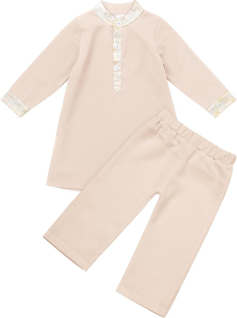 IDOPIP Muslim Baby Boys Outfits Embroidered Ramadan Eid Thobe Robe with Pants Long Sleeve Arabic Islamic Kaftan Abaya Clothes (3-6 Months, Apricot)