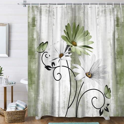 Rustic Farmhouse Shower Curtain, Farm Sage Green Daisy Floral With Butterfly on Country Wooden Forest Green for Bathroom, Olive Green With 12PCS Hooks, 70X70IN