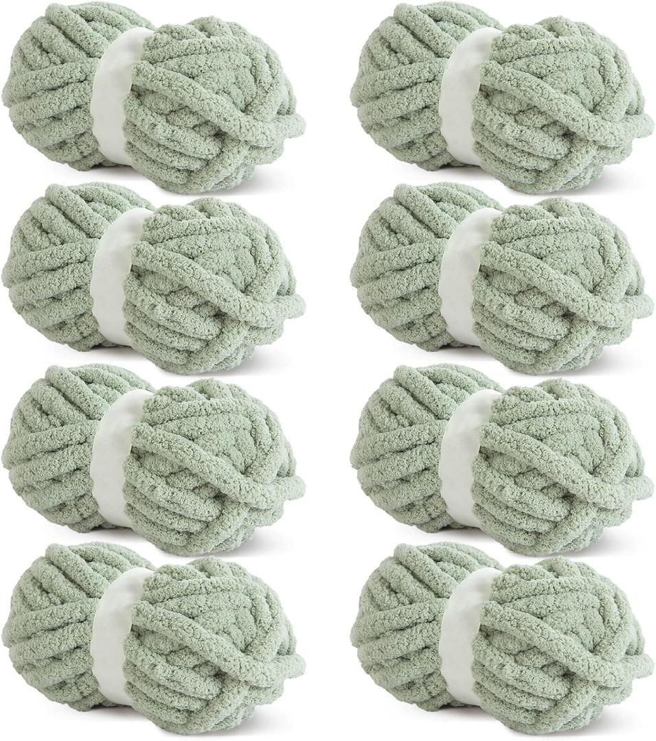 HOMBYS Sage Green Chunky Chenille Yarn for Crocheting, Bulky Thick Fluffy Yarn for Knitting,Super Bulky Chunky Yarn for Hand Knitting Blanket, Soft Plush, 8 Jumbo Pack (27 yds,8 oz Each Skein)
