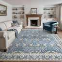Bavni Washable Rugs 8x10-Machine Washable Rug Lightweight Low Pile, Vintage Floral Rug Non-Shedding Distressed Throw Carpet for Living Room Bedroom Office, Lake Blue