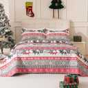 3-Piece Christmas Quilt Set King Size, Soft Xmas Snowflake Reindeer Bedding Sets Cozy Christmas Bedspread, New Year Holiday Santa Bedding Coverlet Set for All Season with 2 Pillow Shams,Red Gray