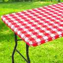 Rectangle Vinyl Table Cloth, Waterproof Elastic Fitted Tablecloth with Flannel Backing, Plastic Table Cover for Picnic, Camping, Outdoor (Red & White, 30"x96")