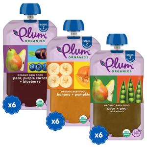Plum Organics - 6+ Months Organic Baby Food Variety Pack - 3 Flavors - Non-GMO - Fruit & Veggie Blends On-The-Go Pouches for Baby and Toddler Meals - Quality Tested Ingredients - 4 oz (Pack of 18) (EXP 08/12/26)