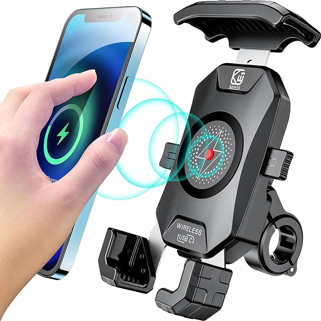 Kewig Motorcycle Phone Mount Qi 15W Wireless & USB C 20W Fast Chargeing Port, Automatically Lock & Quick Release Handlebar Cell Phone Holder for 4-7'' Phones