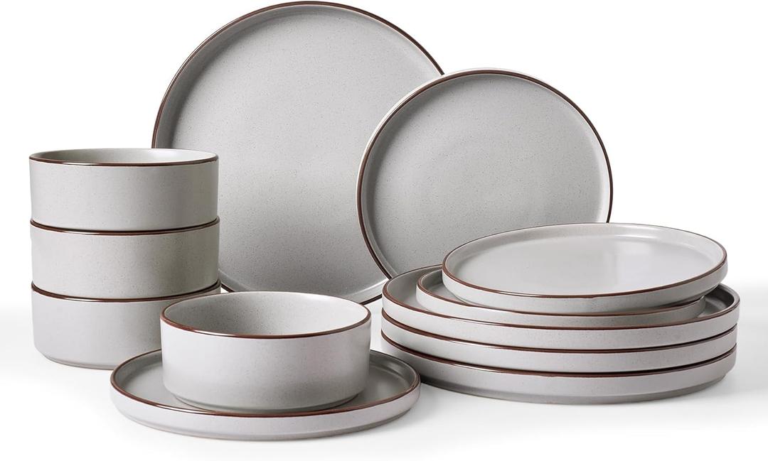 Famiware Nebula Ridge Stoneware Dinnerware Sets, Plates and Bowls Sets, Dishes Set, Microwave and Dishwasher Safe Kitchen Plates, Light Gray