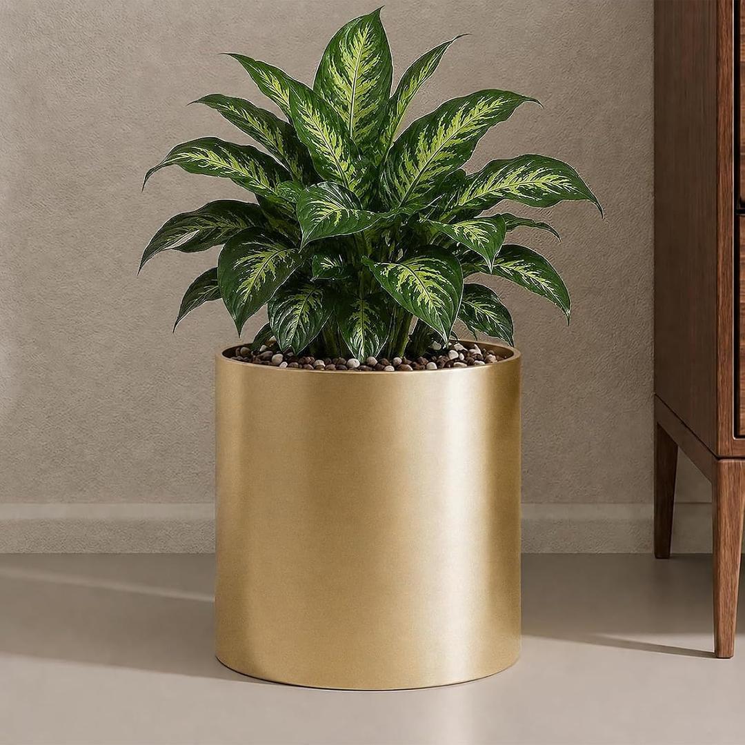 10 Inch Gold Metal Plant Pot with Drainage Hole, Indoor Outdoor