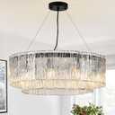 Modern Crystal Glass Round Chandelier 24Black Chandeliers 10-Light Drum Pendant Ceiling Light Fixtures Luxury 2 Tiers Hanging Lighting for Dining Room Foyer Living Room Bedroom