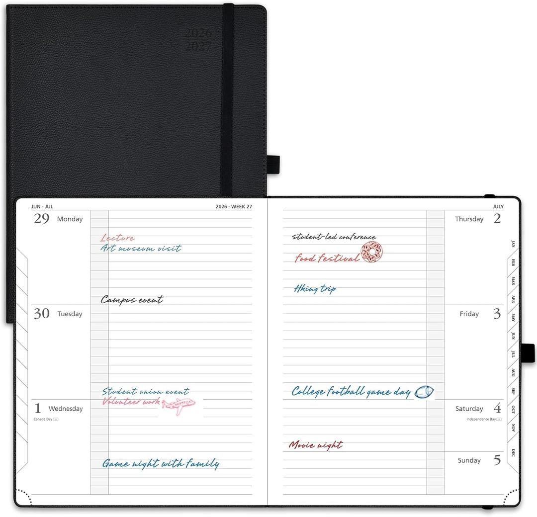 POPRUN Planner 2026-2027 (Large 8.5"x 10.5"), Horizontal Weekly Notebook Jul.2026 - Jun.2027, Academic Appointment Book with Monthly Tabs, Leather Hardcover, Inner Pocket - Black