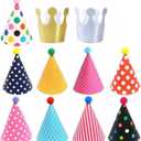 ELakiss 11PCS Birthday Party Cone Hats - Birthday Hat Pom Poms,Lovely Cake Cone Birthday Paper Hats,Lovely Crown,For Children and Adults (9 hats and 2 crowns)