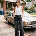 EMMIOL Baggy Straight Leg Jeans Women, Mid-High Rise Denim Pants, Y2K Vintage Distressed Stretchy Loose Fit with Large Pocket，Boyfriend Wide Leg Trousers Casual, Black 1 (S)