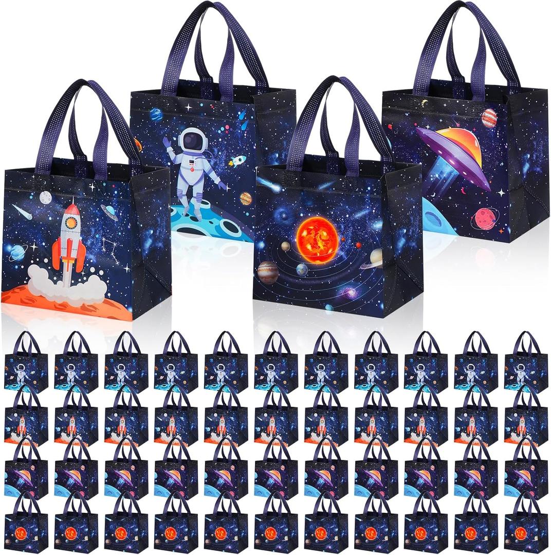 Windyun 48 Pcs Space Gift Bags Bulk Large Outer Space Party Favors Non Woven for Goodie Candy Treat with Handles 8.3 x 7.9 x 5.9 Inch Planet Galaxy Tote Bags Astronaut Birthday Shower Party Supplies