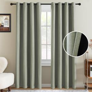 H.VERSAILTEX 95% Blackout Linen Curtains 84 Inches Long for Bedroom/Living Room Thermal Insulated Grommet Curtain Drapes Primitive Textured Burlap Effect Window Drapes 1 Panel - Heather Sage/Black