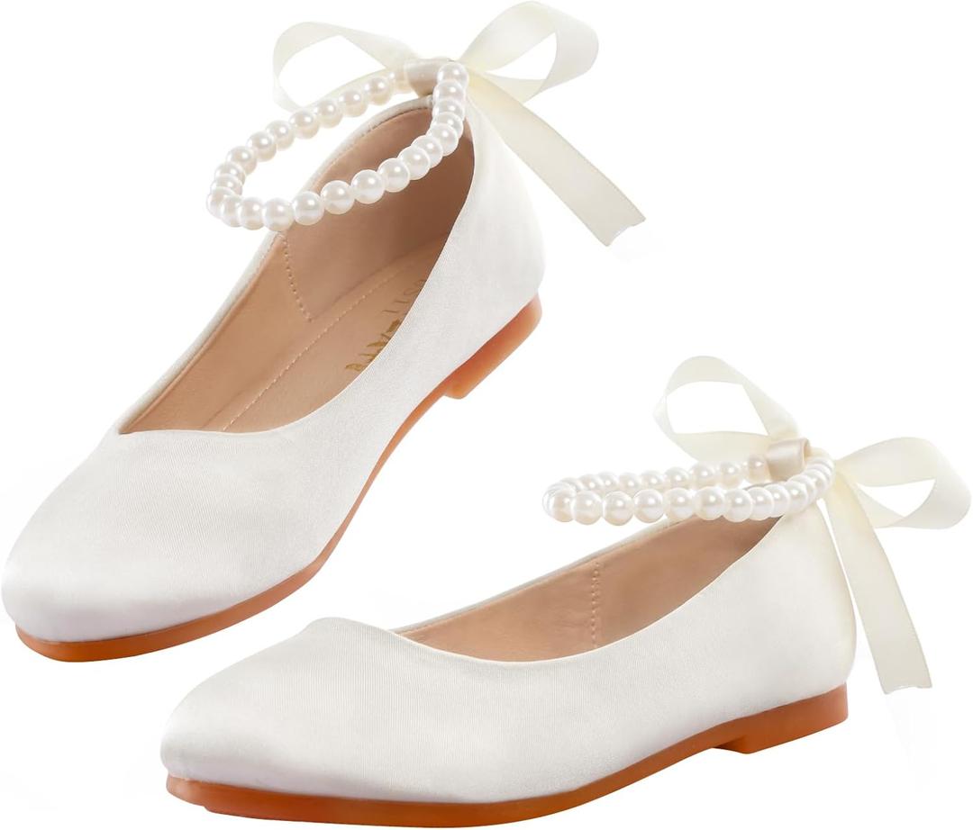 Girls Flower Girl Shoes, Mary Jane Ballet Flats with Pearl Ankle Strap, Princess Dress Shoes for Wedding Party School (Beige), 3 Big Kid
