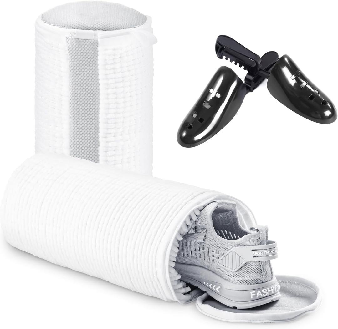 Shoe Washing Bag for Washing Machine, Fluffy Fibers Keep 360 Wrap-around Cleaning, Adjustable Shoe Trees, Durable Hidden Zipper Reusable Laundry Bag for Sneaker Gym Shoes White