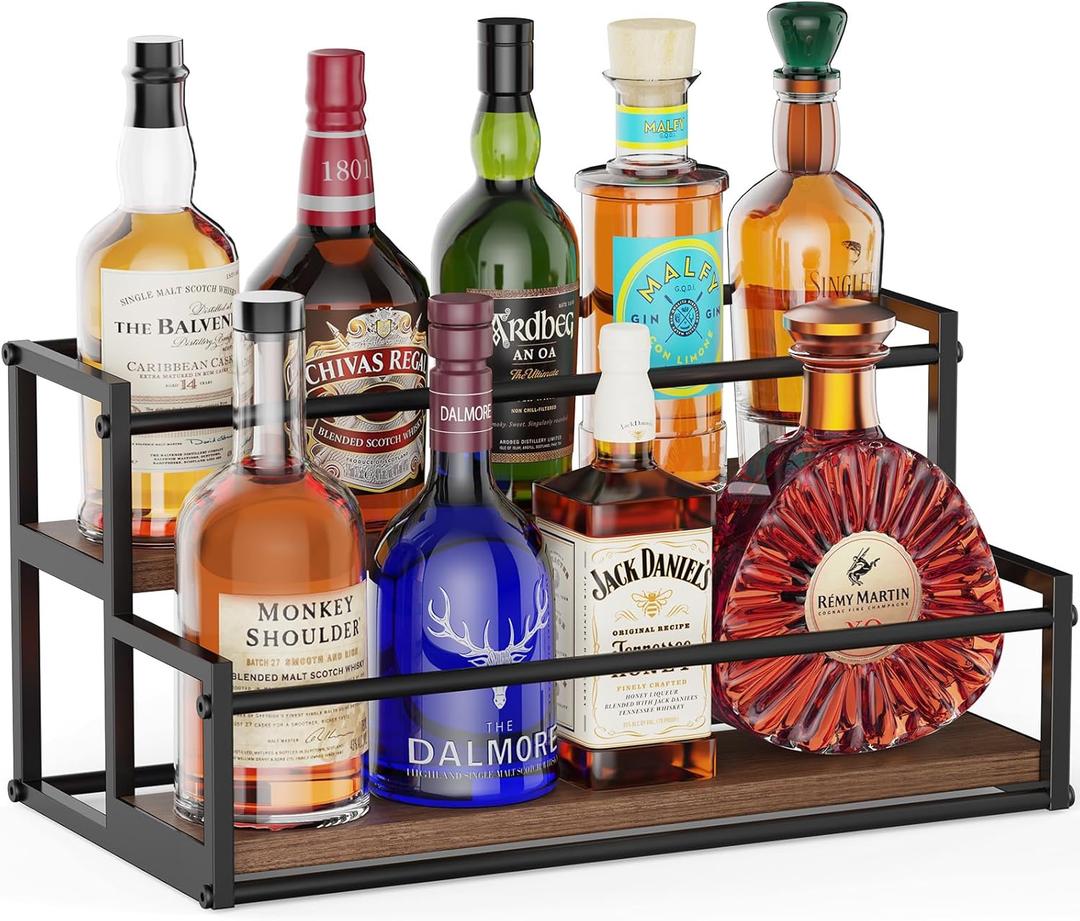 THYGIFTREE Liquor Bottle Display Shelf, 2 Tier Bar Shelf Stand for Liquor & Whiskey, Countertop Liquor Rack Organizer with Metal Frame & Wood Base for Home Bar Kitchen