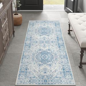 jinchan Runner Rug 2x6 Hallway Rug Washable Medallion Floral Mat Kitchen Accent Vintage Mat Retro Non Slip Thin Soft Carpet for Bedroom Laundry Living Room Distressed Blue