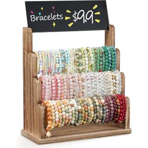 Emfogo Bracelet Holder with Advertising Board, 3 Tier Bracelet Organizer Stand Storage for Bracelets Bangles Watch Scrunchies, Rustic Wood Jewelry Display for Vendors, Craft Shows (Rustic Brown)