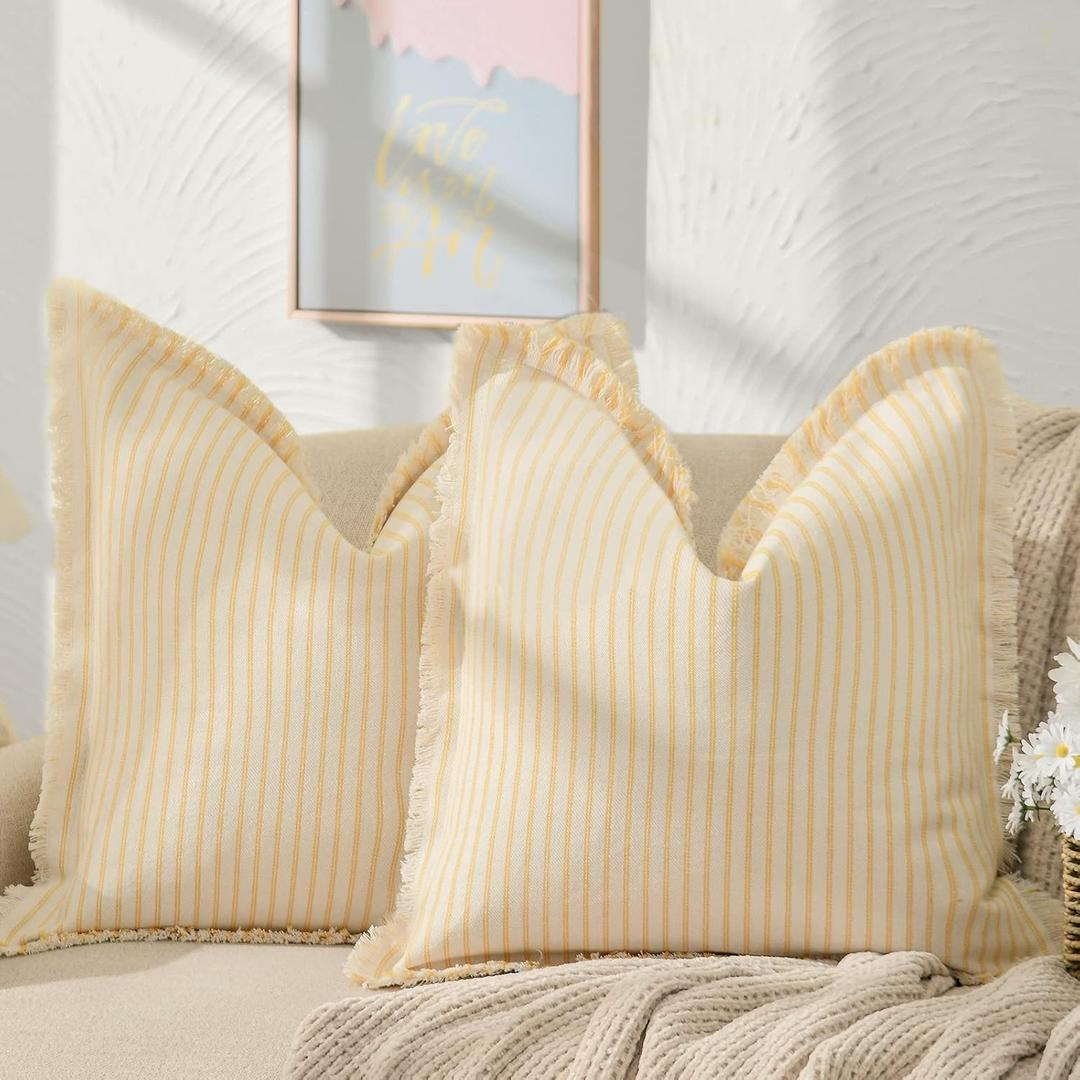 ZWJD Throw Pillow Covers 20x20 Set of 2 Striped Pillow Covers with Fringe Chic Cotton Decorative Pillows Square Cushion Covers for Sofa Couch Bed Living Room Farmhouse Decor (20" x 20" (Pack of 2), Yellow)