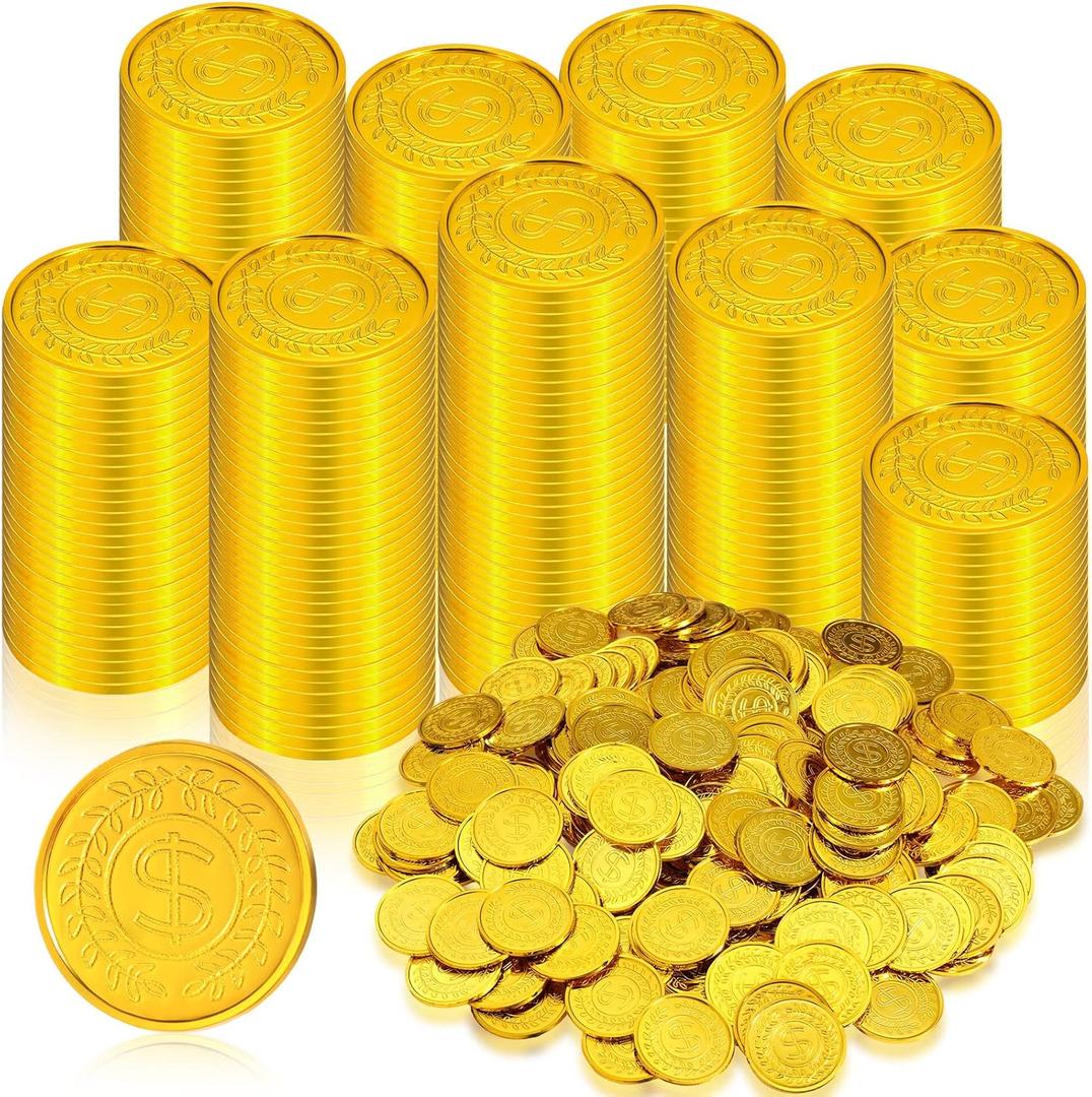 Hanaive 1000 Pcs Pirate Gold Coins Plastic Treasure Play Toy Coins Fake St. Patricks Doubloon for Pirate Party Favors Supplies Treasure Hunt Game Teachers Classroom Reward