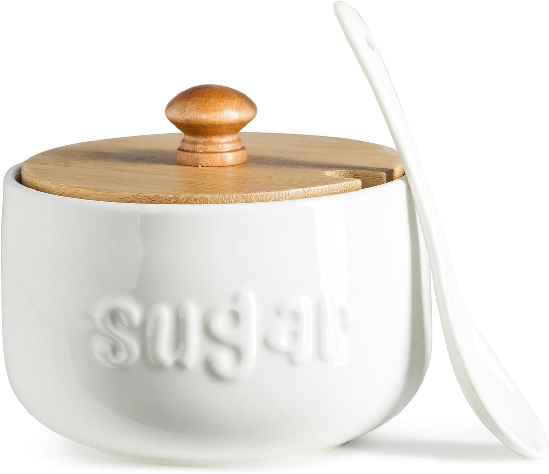 LYEOBOH Sugar Bowl with Lid and Spoon,17 OZ Sugar Jar, Ceramic Jar with Lid, Sugar Container for Coffee Bar, Sugar Bowls for Countertop, Azucarera for Farmhouse Home and Kitchen Accessories, White