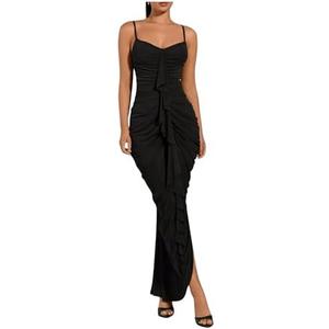 Floerns Women's Ruffle Ruched Cami Dress Draped Split Elegant Bodycon Maxi Dresses, No Size, Black 