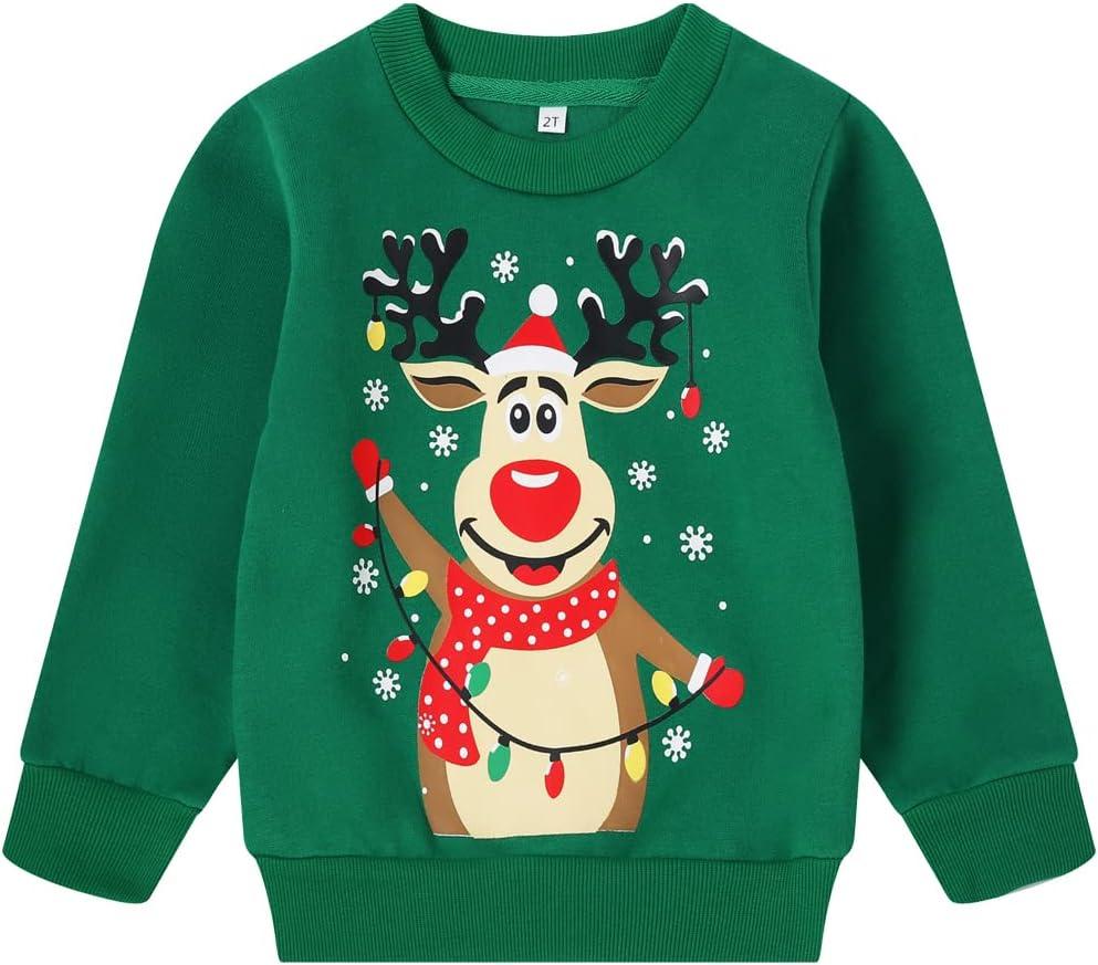 RETSUGO Toddler Boy Christmas Outfit Baby Boy Girl Winter Warm Holiday Fleece Pullover Xmas Crewneck Sweater 1-7 Years (4T, 2# Green/Reindeer)