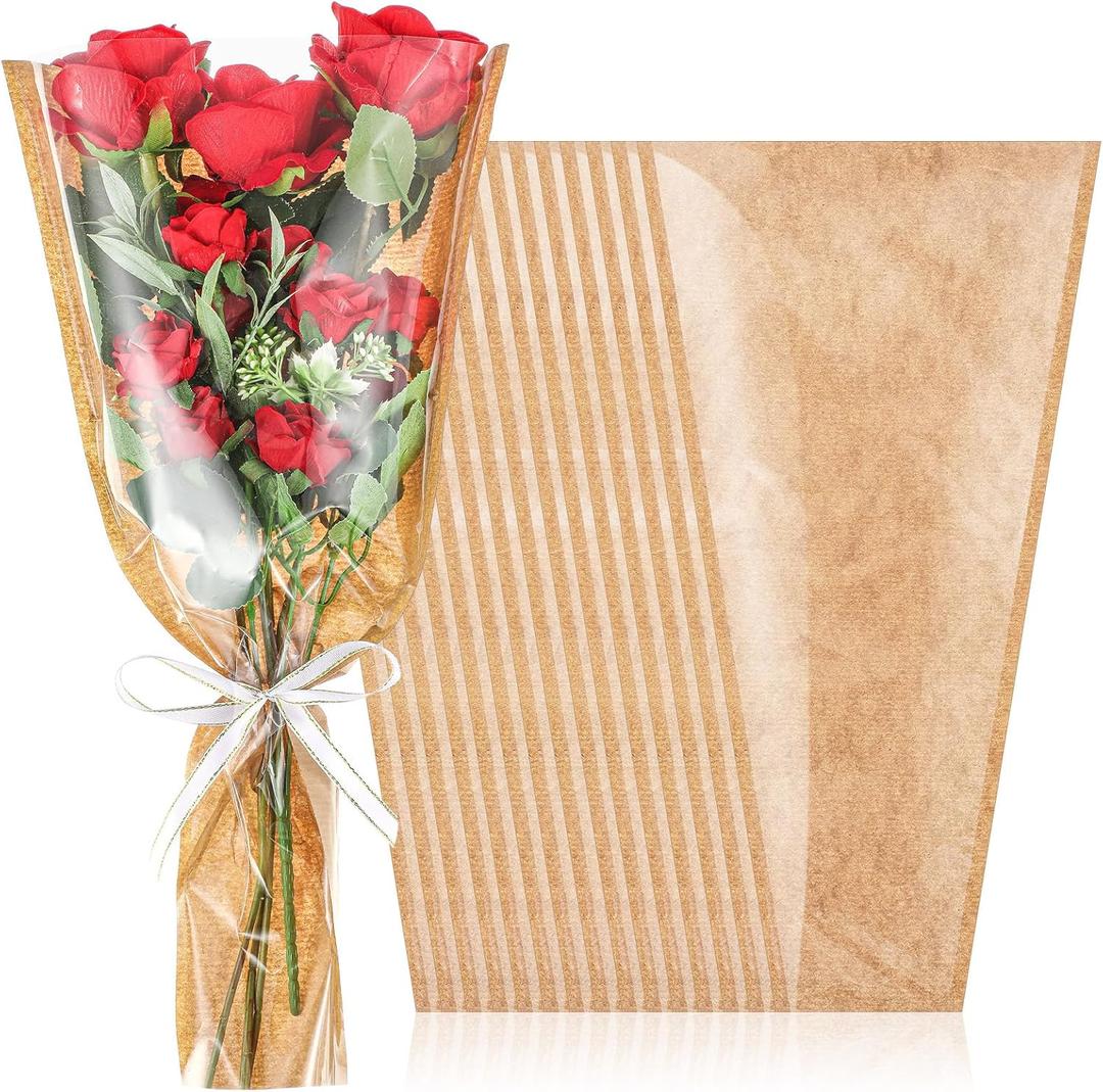Gilprop 30 Packs Flower Wrapping Bags Kraft Paper Floral Packing Sleeves Bouquet Clear Flower Wrapping Sleeves for Wedding, Birthday Gift,16.5 x 9.5 x3.5 inch