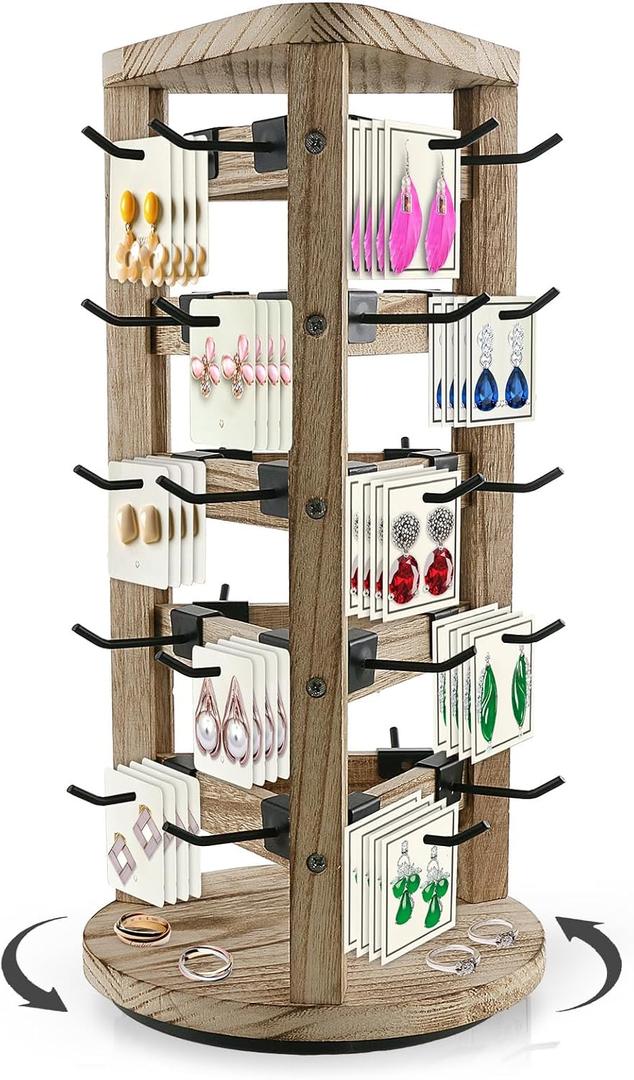 Wood Rotating Earring Display for Vendors, Wooden Jewelry Display for Vendors with 30 Removable Hooks 5 Tier Tabletop Necklace Display Stand Key Chain Display (Triangular Shape)