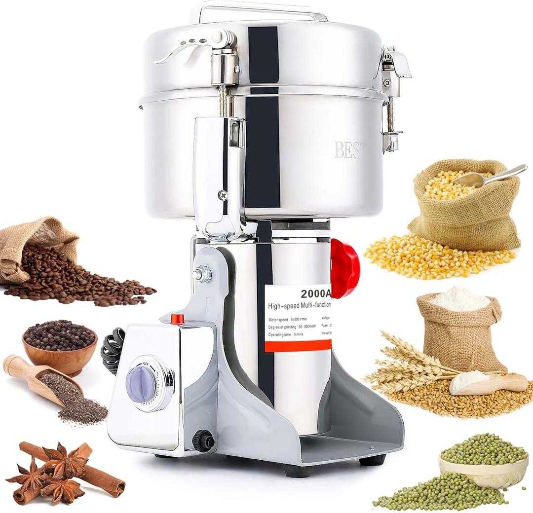 2000g Electric Grain Mill Grinder 36000r/min High-Speed Spice Herb 3500W Dry Machine 304 Stainless Steel Superfine Powder for Kitchen Home and Commercial